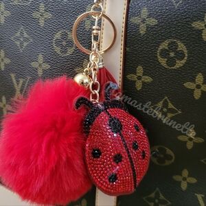 Rhinestone Ladybug Pom Pom Tassel Keychain/Bag Charm